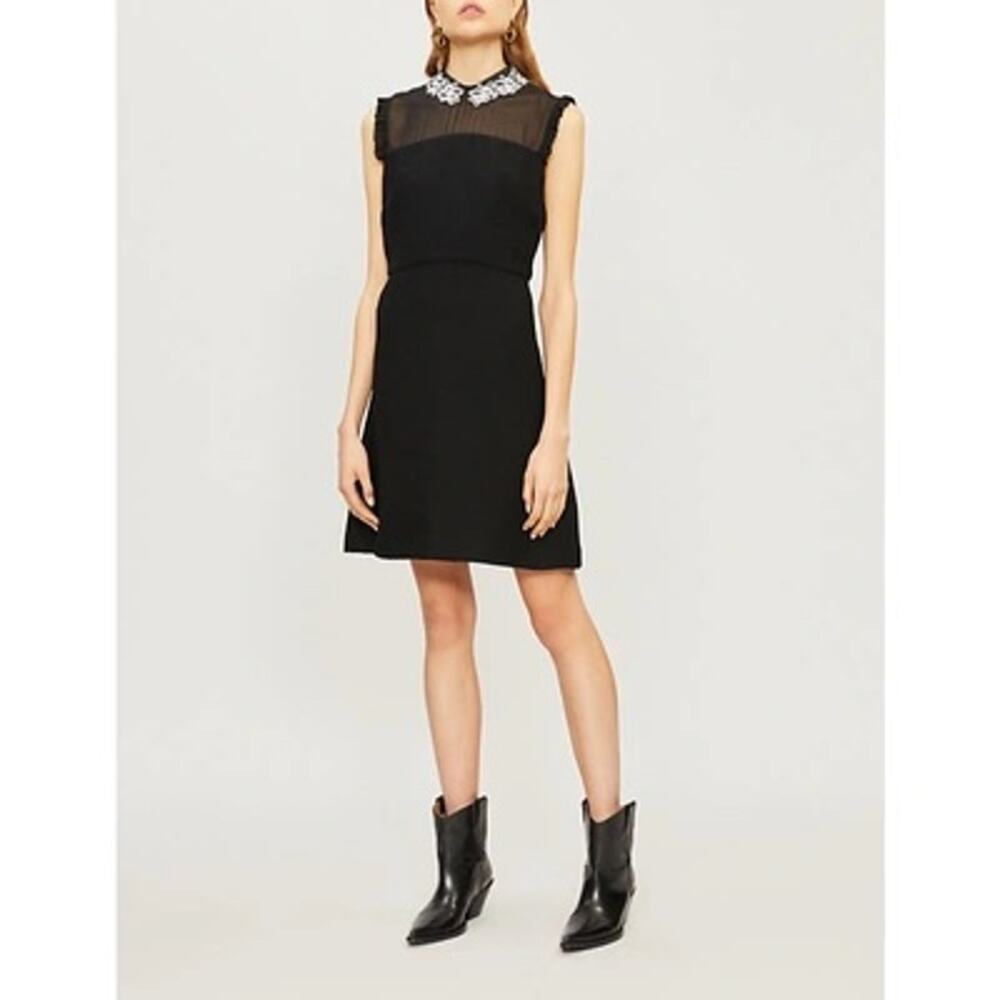 SANDRO Marillys Floral Embroidered Peter-Pan Collar Ribbed Black Mini Dress 40 M
